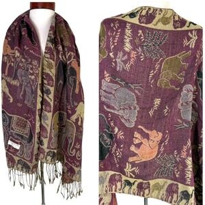 Pashmina 100% Cashmere‎ Elephant Print Scarf Shawl Burgundy Boho Festival Fringe